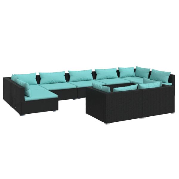 vidaXL 9 pcs conjunto lounge de jardim c/ almofad&otilde;es vime PE preto