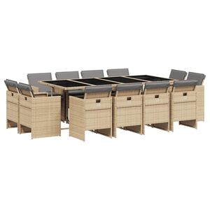 vidaXL 13 pcs conj. jantar jardim c/ almofad&otilde;es vime PE bege misturado