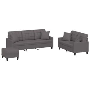 vidaXL 3 pcs conjunto de sof&aacute;s com almofadas couro artificial cinzento