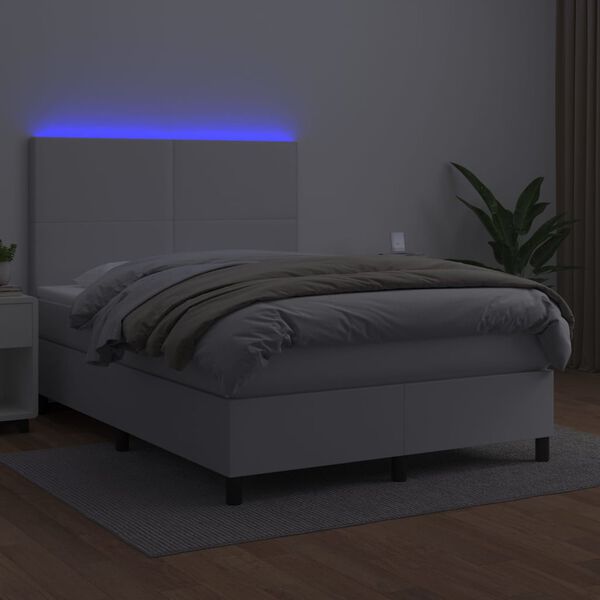 vidaXL Cama box spring c/colch&atilde;o/LED 140x200cm couro artificial branco