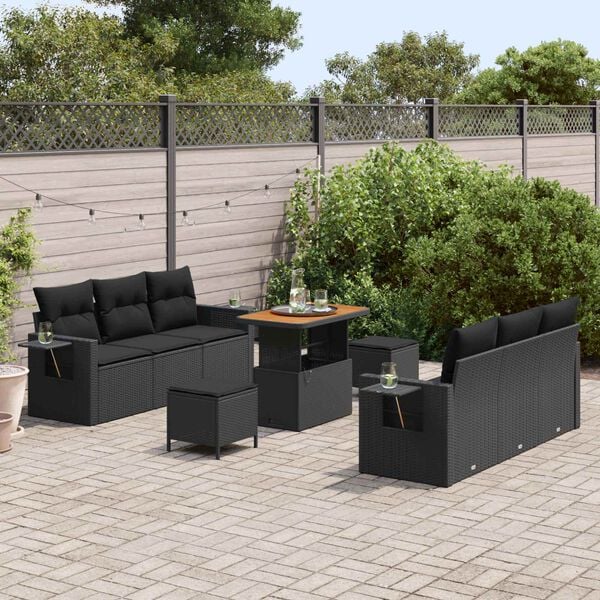 vidaXL Conjunto de Sof&aacute; de Jardim com almofada 9 pcs Preto vime PE