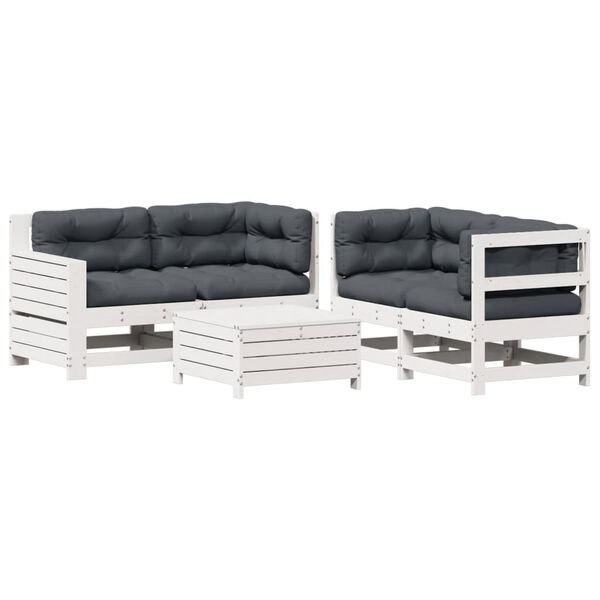 vidaXL 5 pcs conj. lounge de jardim c/ almofad&otilde;es pinho maci&ccedil;o branco