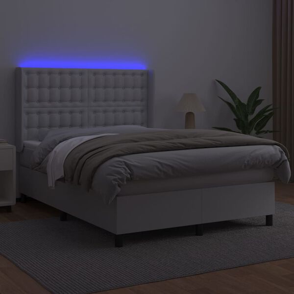 vidaXL Cama box spring c/colch&atilde;o/LED 140x190cm couro artificial branco
