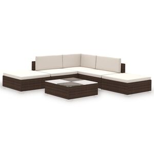 vidaXL 6 pcs conjunto lounge jardim c/ almofad&otilde;es vime PE castanho