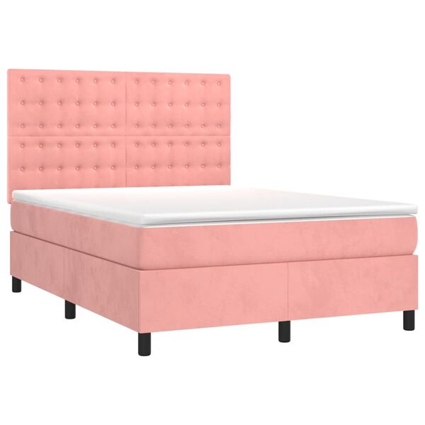 vidaXL Cama box spring c/ colch&atilde;o/LED 140x200 cm veludo rosa