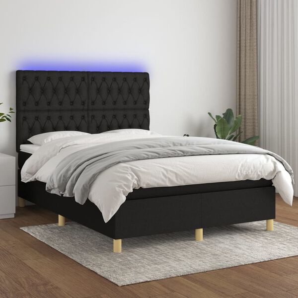 vidaXL Cama box spring c/ colch&atilde;o e LED 140x190 cm tecido preto