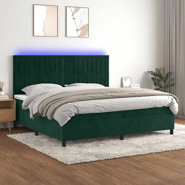 vidaXL Cama box spring c/ colch&atilde;o/LED 200x200 cm veludo verde-escuro