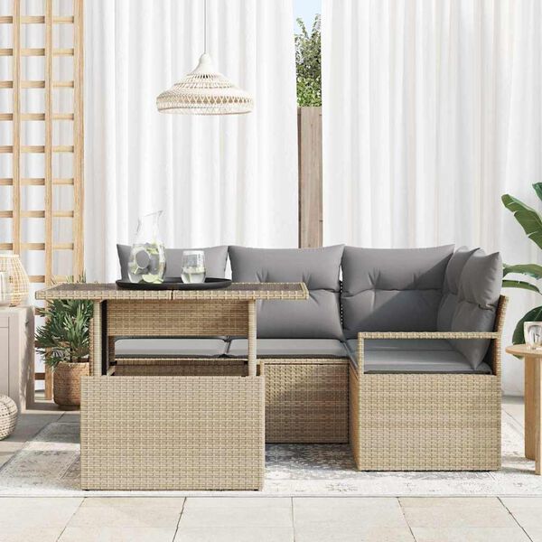 vidaXL Conjunto de Sof&aacute; de Jardim 5 pcs Bege Rattan Sint&eacute;tico