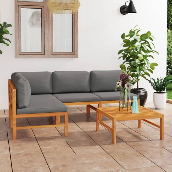 vidaXL 5 pcs conj. lounge jardim c/ almofad&otilde;es cinzentos teca maci&ccedil;a