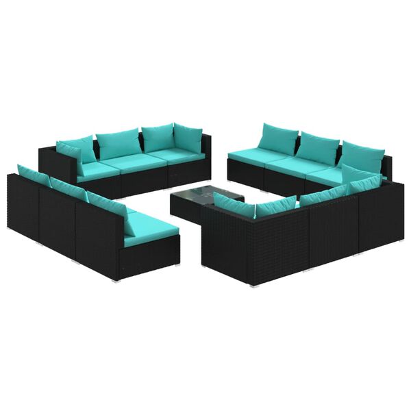 vidaXL 13 pcs conjunto lounge de jardim c/ almofad&otilde;es vime PE preto