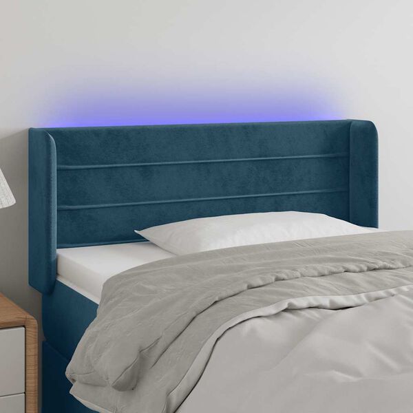 vidaXL Cabeceira de cama c/ luzes LED veludo 83x16x78/88cm azul-escuro