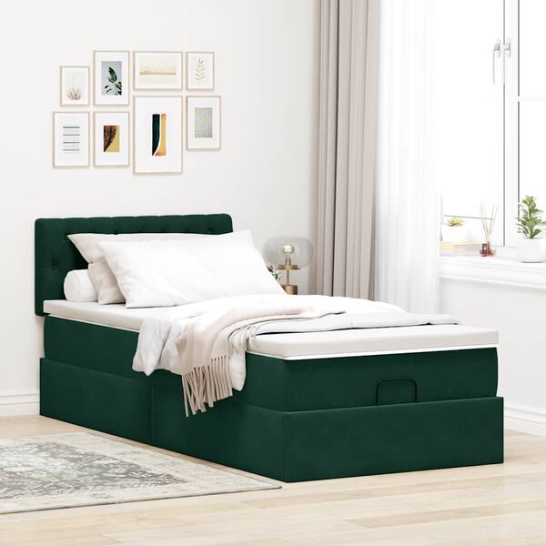 vidaXL Estrutura de cama otomana com colch&atilde;o verde escuro veludo