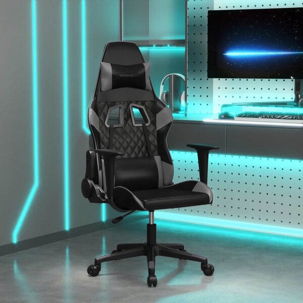 vidaXL Cadeira gaming couro artificial preto e cinzento