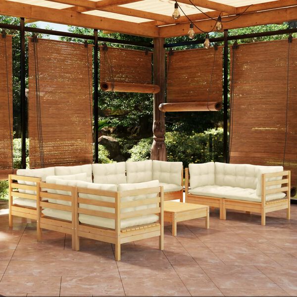vidaXL 9 pcs conjunto lounge jardim c/ almofad&otilde;es creme pinho maci&ccedil;o
