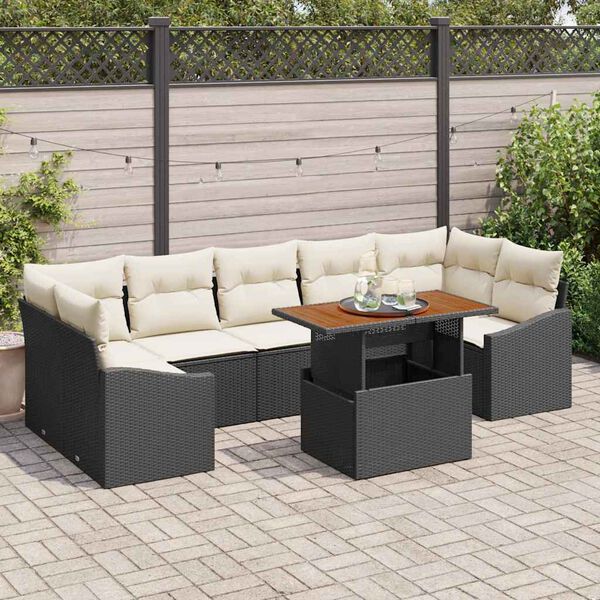 vidaXL Conjunto de Jantar para Jardim com almofada 8 pcs Preto e Creme