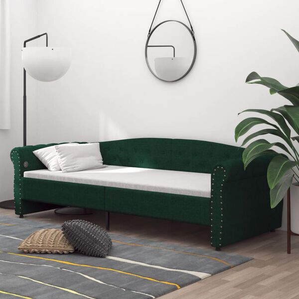 vidaXL Sof&aacute;-cama c/ colch&atilde;o e sa&iacute;da USB 90x200 cm tecido verde-escuro