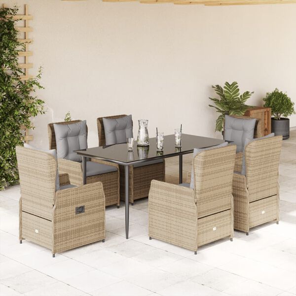 vidaXL 7 pcs conjunto de jantar p/ jardim com almofad&otilde;es vime PE bege