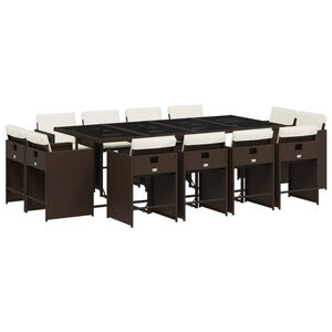 vidaXL 13 pcs conjunto jantar p/ jardim c/ almofad&otilde;es vime PE castanho