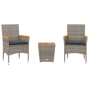 vidaXL 3 pcs conjunto de bistr&ocirc; com almofad&otilde;es vime PE/vidro cinza