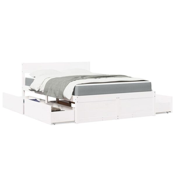 vidaXL Cama com gavetas e colch&atilde;o 140x190 cm pinho maci&ccedil;o branco