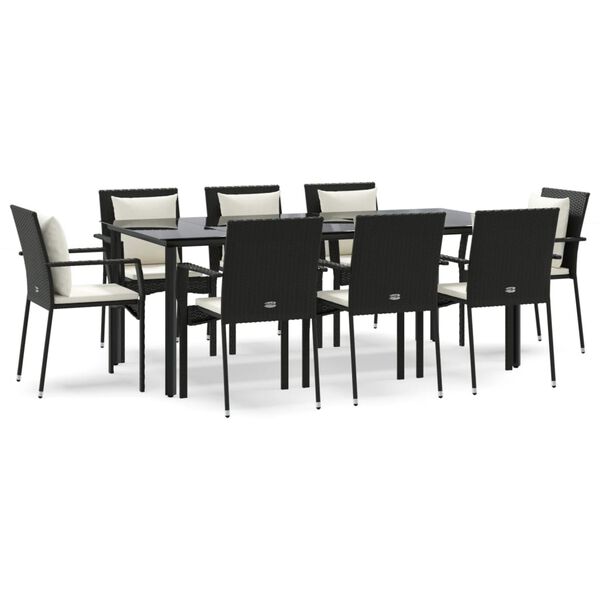 vidaXL 9 pcs conjunto de jantar p/ jardim c/ almofad&otilde;es vime PE preto
