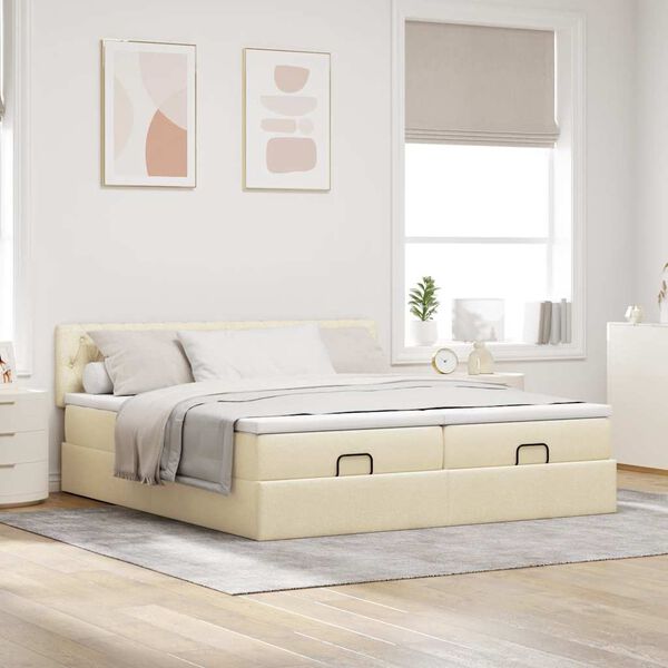 vidaXL Estrutura de cama otomana com colch&otilde;es tecido creme 200x200cm