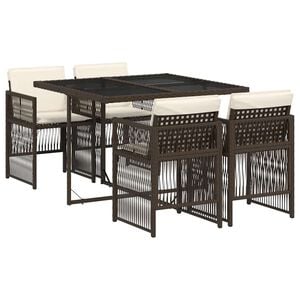 vidaXL 5 pcs conjunto jantar p/ jardim c/ almofad&otilde;es vime PE castanho