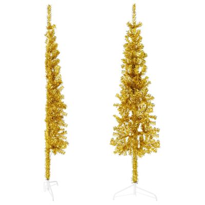 vidaXL Meia árvore de Natal fina com suporte 150 cm dourado