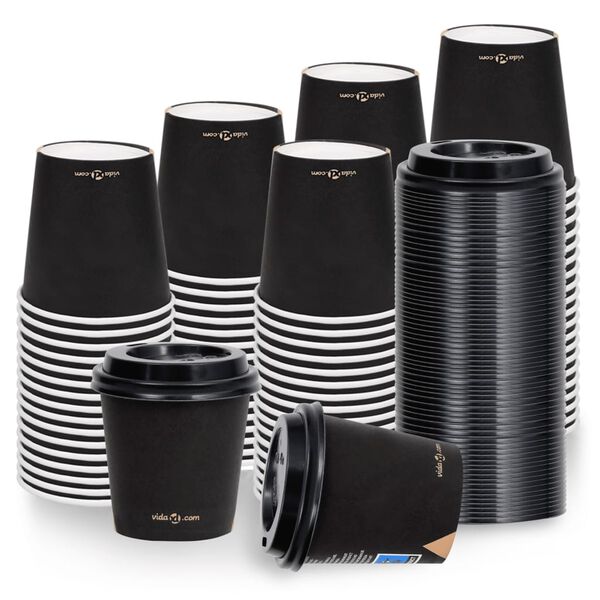 vidaXL Copos de caf&eacute; em papel com tampas 120 ml 100 pcs preto