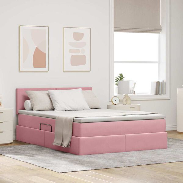 vidaXL Cama com arruma&ccedil;&atilde;o e LED com colch&atilde;o Rosa 140 x 200 cm Veludo