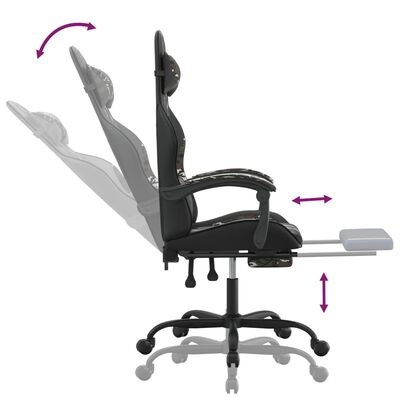 vidaXL Cadeira gaming giratória + apoio pés couro art. preto/camuflado
