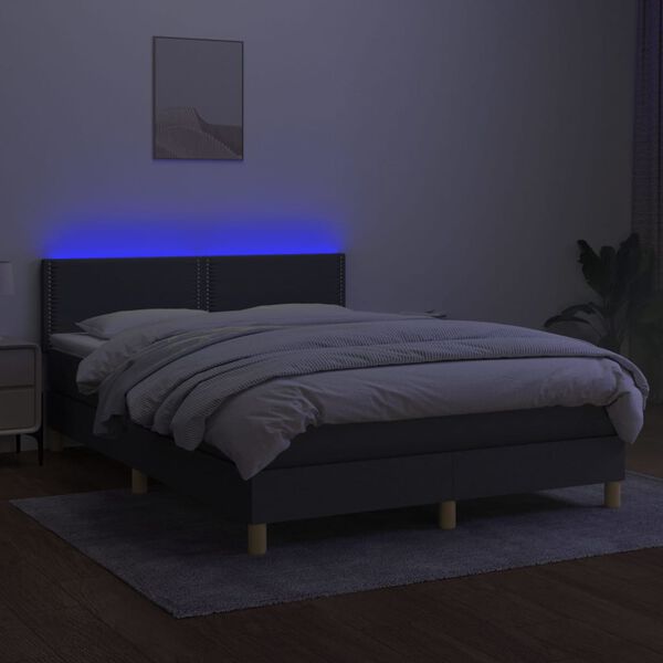 vidaXL Cama box spring c/ colch&atilde;o e LED 140x190 cm tecido cinza-escuro