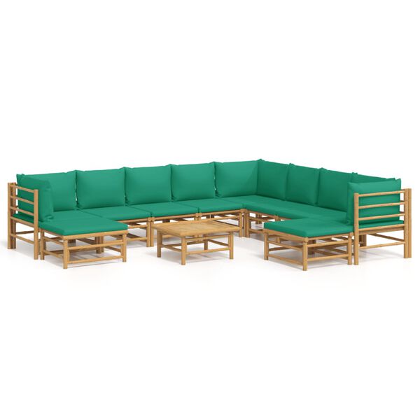 vidaXL 11 pcs conjunto lounge de jardim bambu c/ almofadões verdes