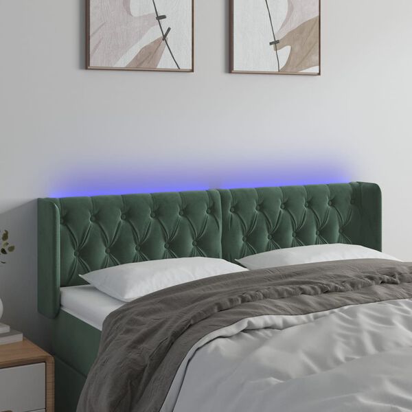 vidaXL Cabeceira cama c/ luzes LED veludo 163x16x78/88 cm verde-escuro