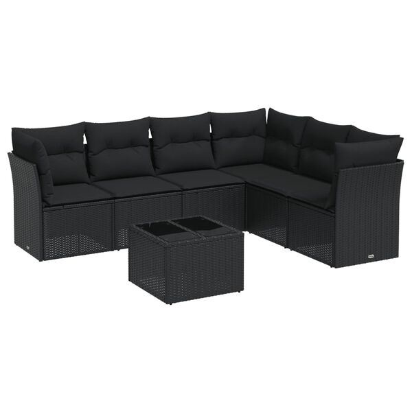 vidaXL 7 pcs conjunto de sof&aacute;s p/ jardim c/ almofad&otilde;es vime PE preto