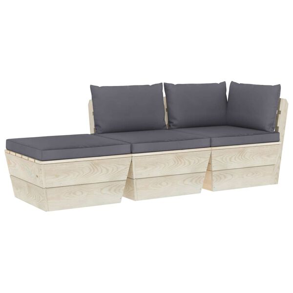 vidaXL 3 pcs conjunto lounge de paletes + almofad&otilde;es madeira de abeto