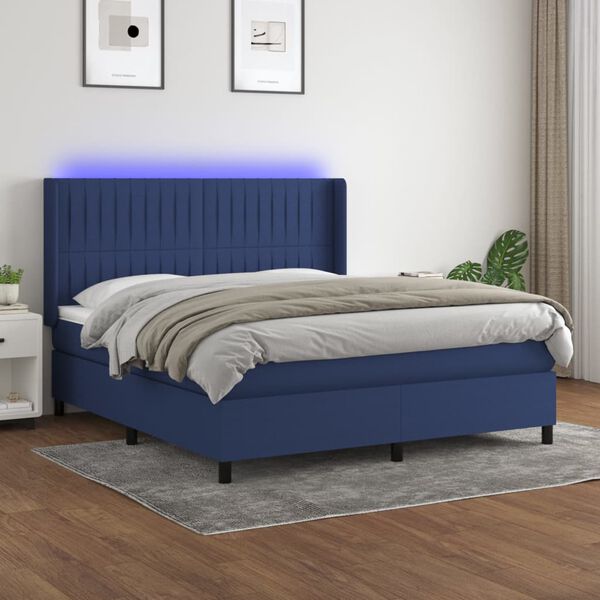 vidaXL Cama box spring c/ colch&atilde;o e LED 160x200 cm tecido azul