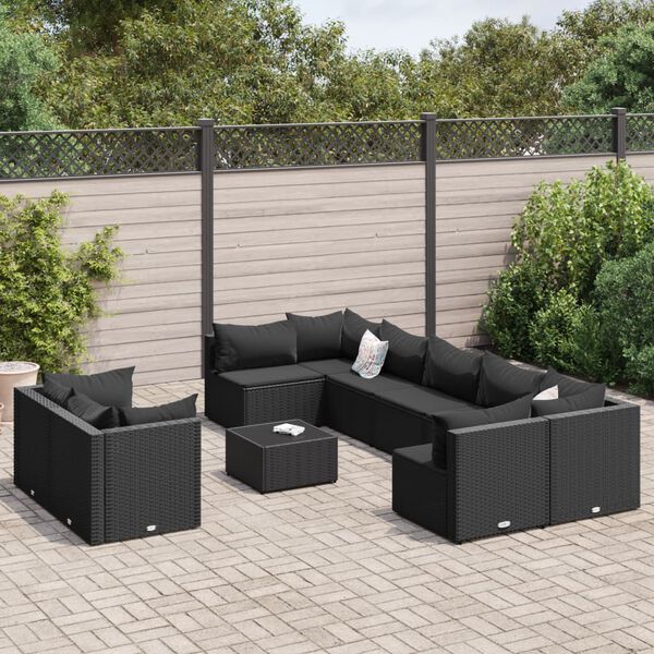 vidaXL 10 pcs conjunto sof&aacute;s de jardim c/ almofad&otilde;es vime PE preto