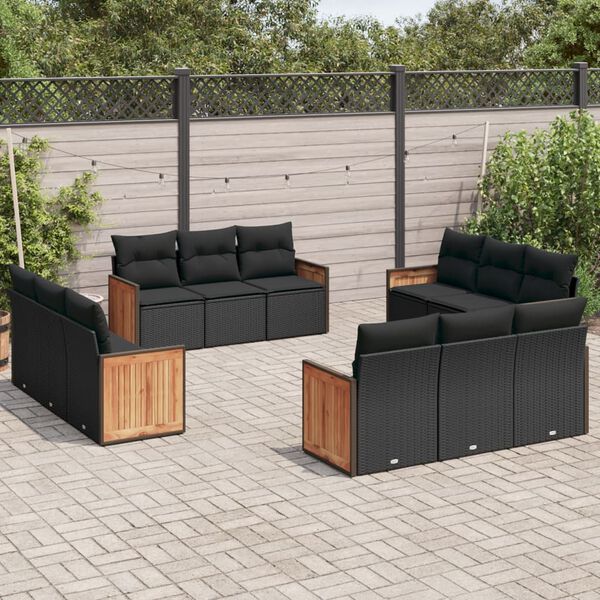 vidaXL 12 pcs conjunto de sof&aacute;s de jardim c/ almofad&otilde;es vime PE preto