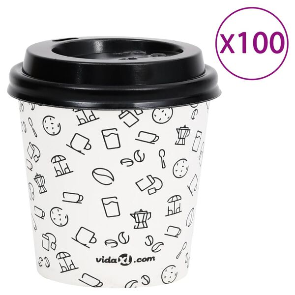 vidaXL Copos de caf&eacute; em papel com tampas 120 ml 100 pcs branco e preto