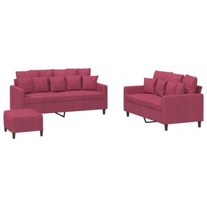vidaXL 3 pcs conjunto de sof&aacute;s com almofad&otilde;es veludo vermelho tinto