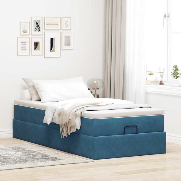 vidaXL Estrutura cama otomana com colch&atilde;o azul escuro 90x190cm veludo