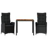 vidaXL 3 pcs conjunto de jantar p/ jardim c/ almofad&otilde;es vime PE preto