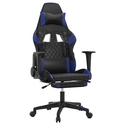 vidaXL Cadeira gaming massagens c/ apoio pés couro artif. preto/azul
