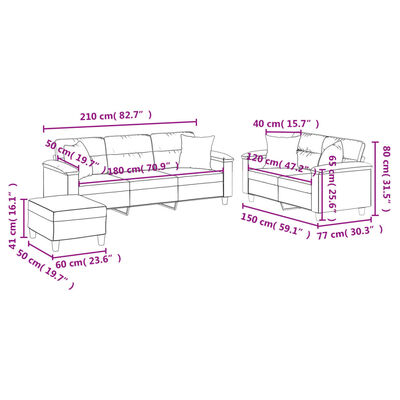 vidaXL 3 pcs conjunto sofás c/ almofadas tecido microfibra cinza-claro
