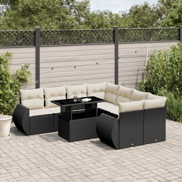 vidaXL 9 pcs conjunto de sof&aacute;s p/ jardim c/ almofad&otilde;es vime PE preto