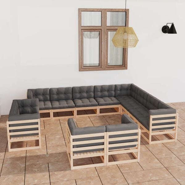 vidaXL 12 pcs conjunto lounge de jardim com almofadões pinho maciço