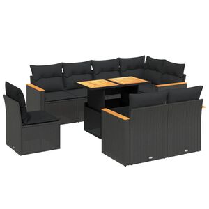 vidaXL 9 pcs conjunto de sof&aacute;s p/ jardim c/ almofad&otilde;es vime PE preto