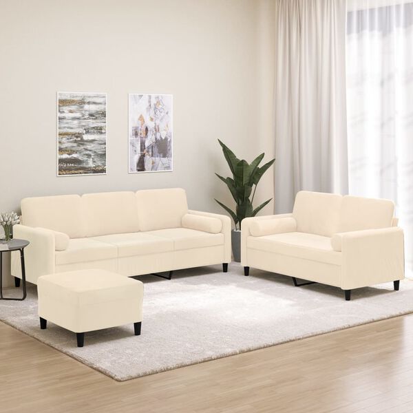 vidaXL 3 pcs conjunto sof&aacute;s c/ almofadas/almofad&otilde;es veludo cor creme