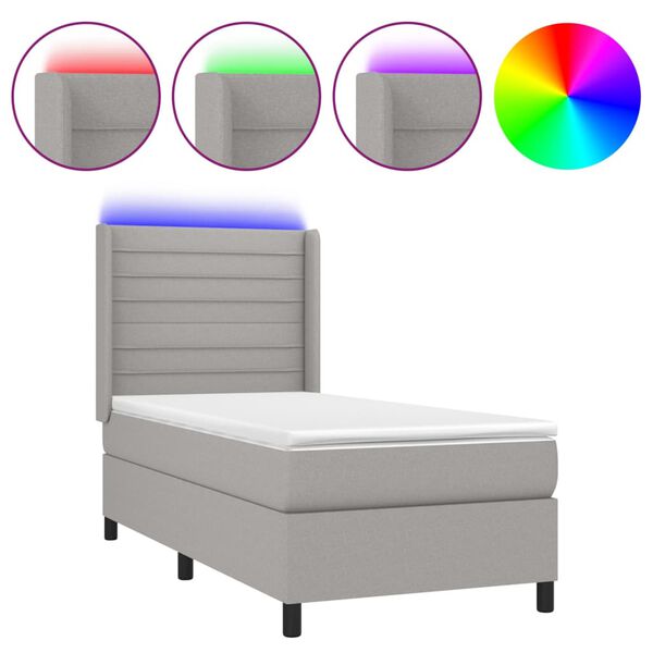 vidaXL Cama box spring c/ colch&atilde;o e LED 90x200 cm tecido cinza-claro